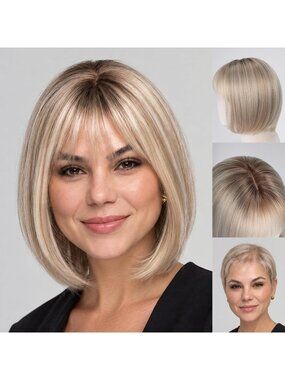 Women's Creamy Blonde 12 Inch Heat Resistant Realistic Short Blonde Wig Bangs